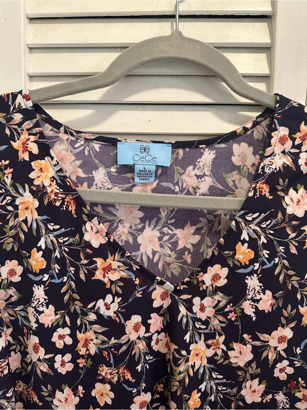 CeCe Navy Floral V-Neck Blouse with Pink & Peach Flowers